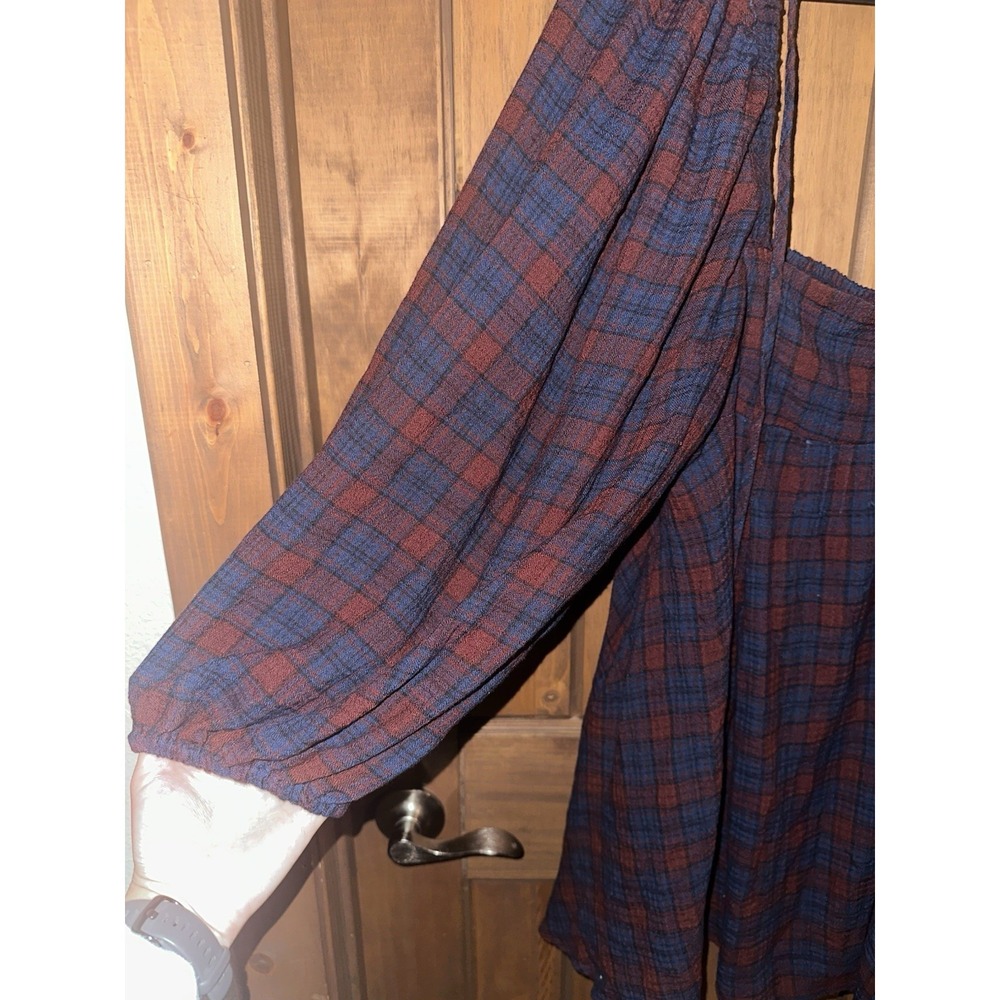 Urban Outfitters Dress Plaid Babydoll Mini Red Navy Square Neck Balloon Sleeve M - Picture 3 of 7
